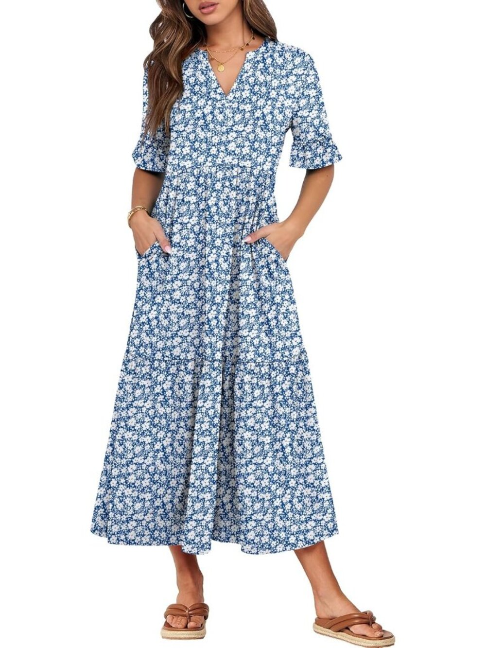 Women's White Blue Short Sleeve Maxi Dress V-Neck Tiered with Pockets Dresses